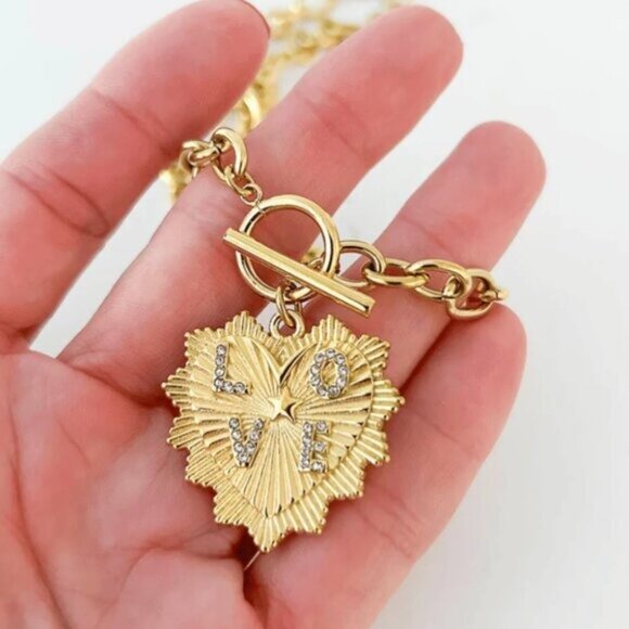 Gold LOVE Heart Necklace Chunky Gold Chain CZ Charm Statement Jewelry Waterproof - Picture 11 of 17